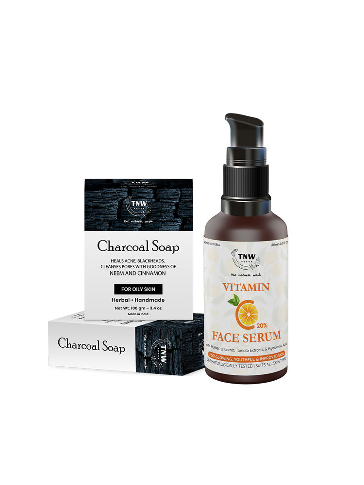 TNW The Natural Wash Handmade Charcoal Soap For Blackheads & Acne + Vitamin C Skin Clearing Serum