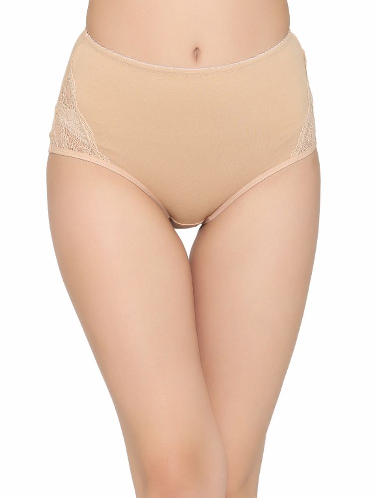Clovia Cotton High Waist Hipster Panty With Lace Panel - Nude