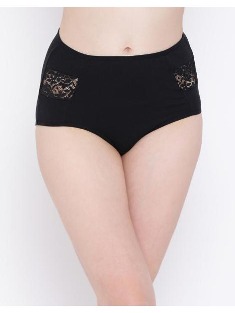 Clovia Cotton High Waist Hipster Panty With Lace Panel - Black