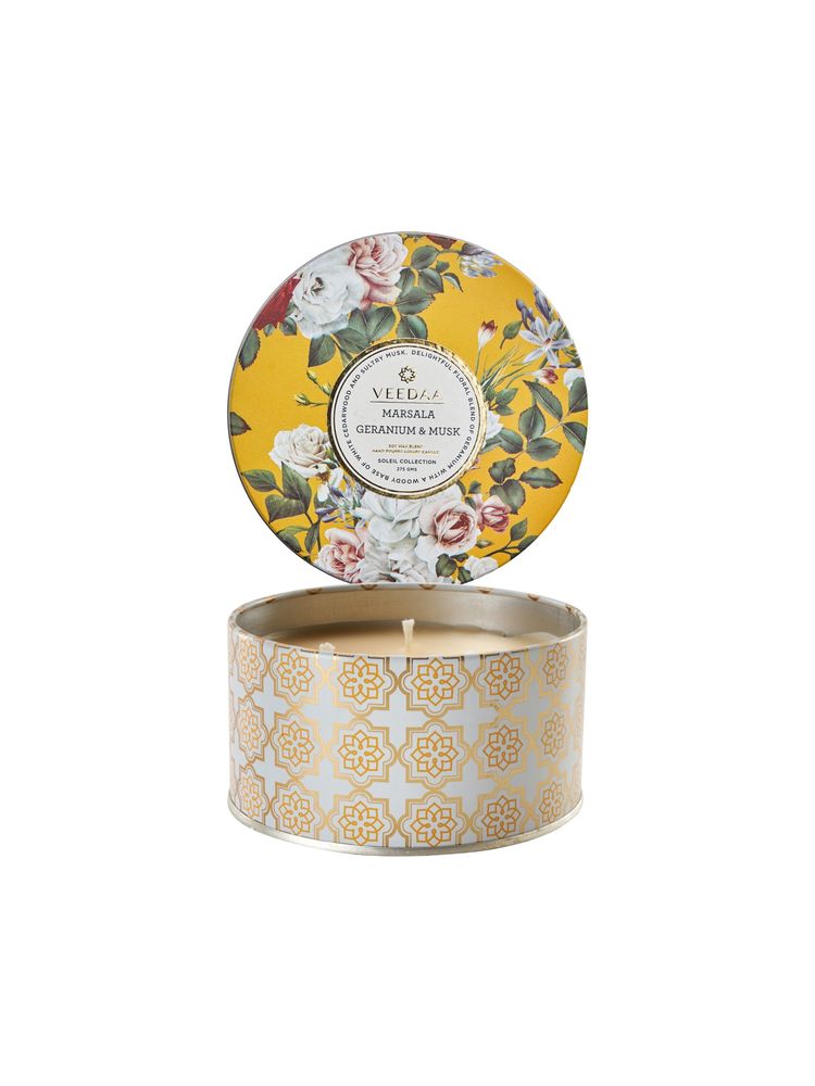 Veedaa Marsala Geranium And Musk 3 Wick Tin Scented Candle-image-3