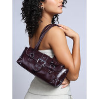 RSVP by Nykaa Fashion Women's Dark Brown Metal Studs Buckle Detail Flapover Baguette Bag-image-14