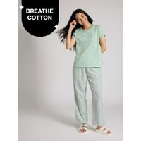 Nykd by NykaaEssential Cotton Pyjama Coord Set With Crew Neck Cotton Knit Tee Nys943 Green Stripe-image-4