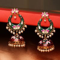 Fabula Red Maroon & Green Meenakari Enamel Floral Ethnic Chandbali Jhumka-jhumki Earrings-image-26