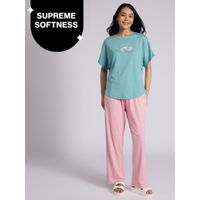 Buttery Soft Modal Cotton Pyjama Coord Set of 2 With Round Neck Graphic Tee Nys932 Green Heart-image-4