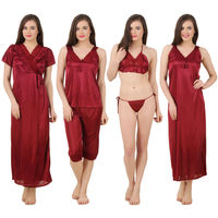 Fasense Women Satin Nightwear 6 PCs Set of Long Wrap, Nighty, Top, Capri, Bra & Thong - Maroon