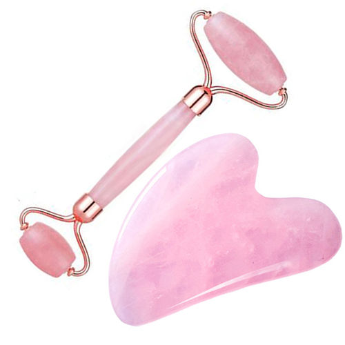 Le Marbelle Rose Quartz Roller & Gua Sha Massager Combo For Face, Neck, Dark Circles Under Eye Care