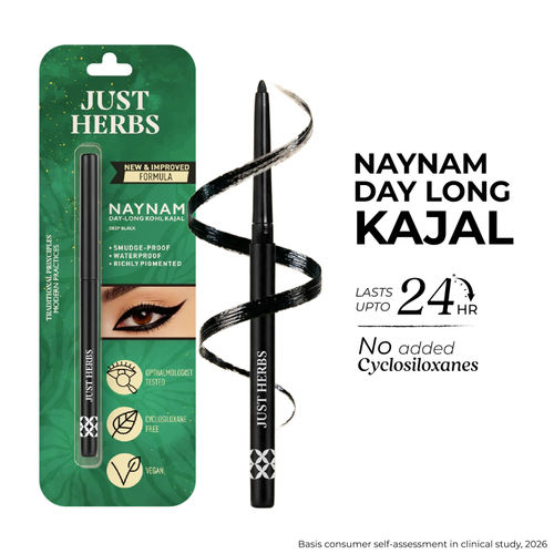 Just Herbs Naynam Day - Long Kohl Kajal - Sweet Almond Oil & Vitamin E - Smudgeproof & Transferproof
