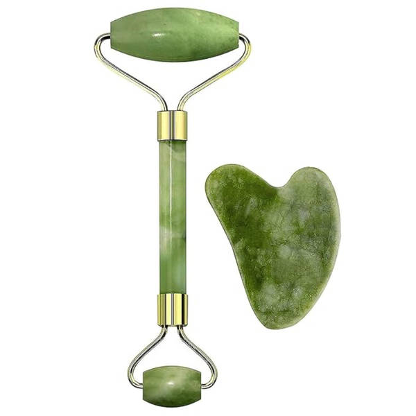 Bronson Professional Jade Roller & Gua Sha Face Neck Dual Head Massage Kit, Reduces Puffiness.