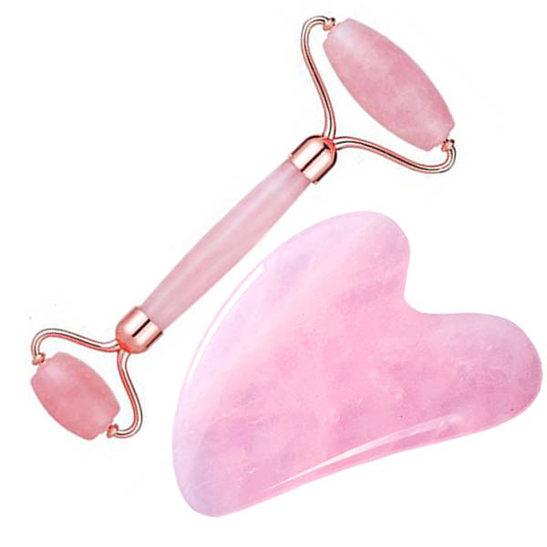 Le Marbelle Rose Quartz Roller & Gua Sha Massager Combo For Face, Neck, Dark Circles Under Eye Care