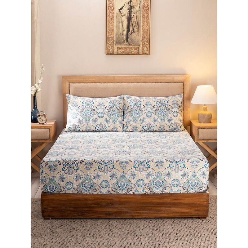 Maspar Hues Nouveau Tradition Lawn Rerun 300Tc Cotton Blue Bedsheet, 2 Pillow Covers (King)