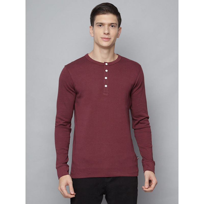 LINDBERGH Burgundy Solid Henley Neck T-Shirt (L)