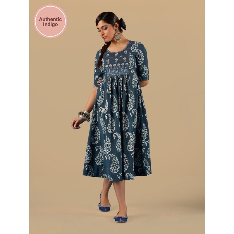 Likha Blue Indigo Saga Pure Cotton Authentic Hand Block Print & Mirror work Fit & Flared Dress (L)