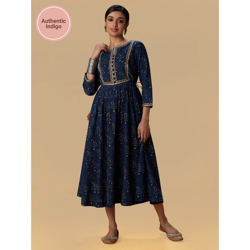 Likha Blue Indigo Saga Pure Cotton Authentic Hand Block Print Mirror Work Maxi Dress (L)