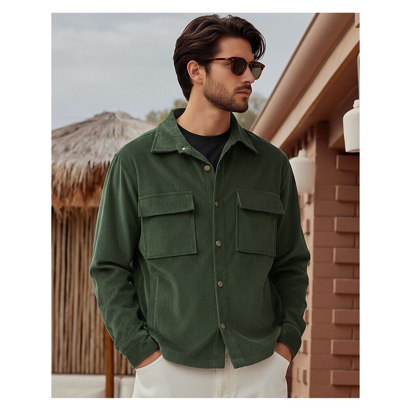 Bewakoof Men Green Corduroy Solid Jacket (XL)