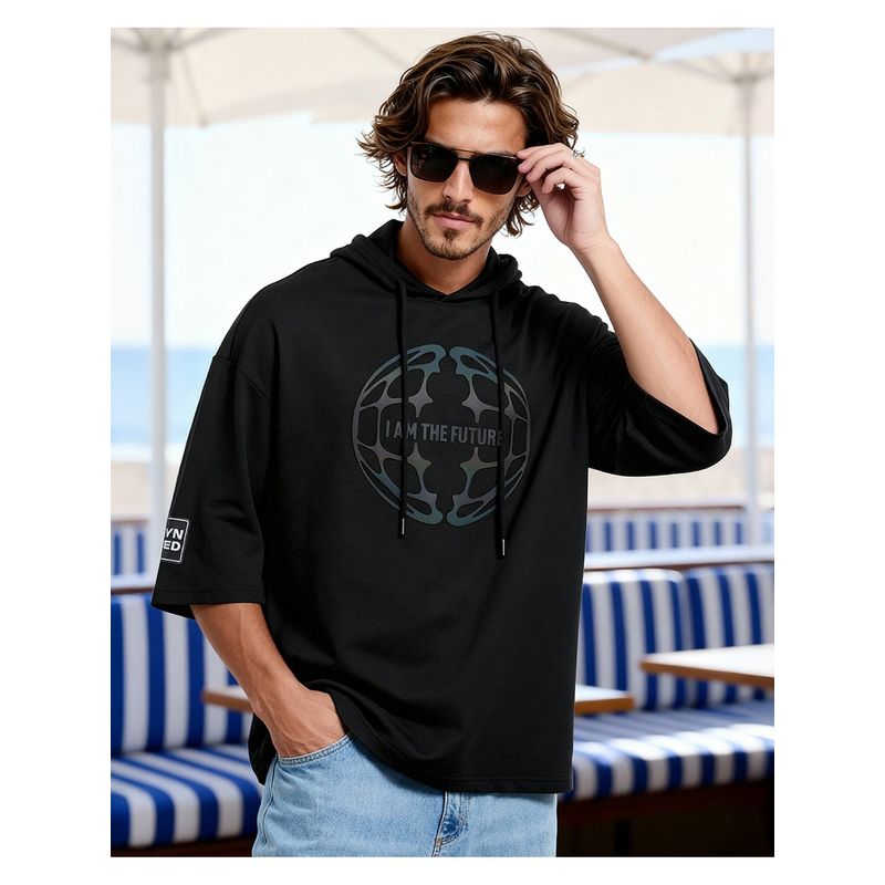Bewakoof Men's Jet Future Graphic Printed Oversized Hoodie Black T-Shirt (L)