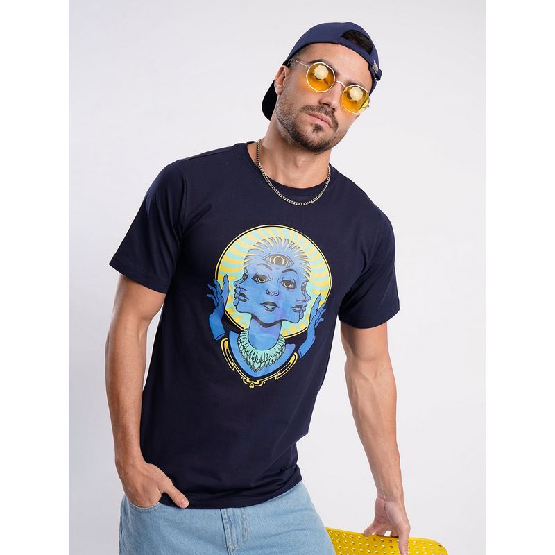 Bene Kleed Men Cotton Lycra Graphic Print Navy Blue T-Shirt (S)