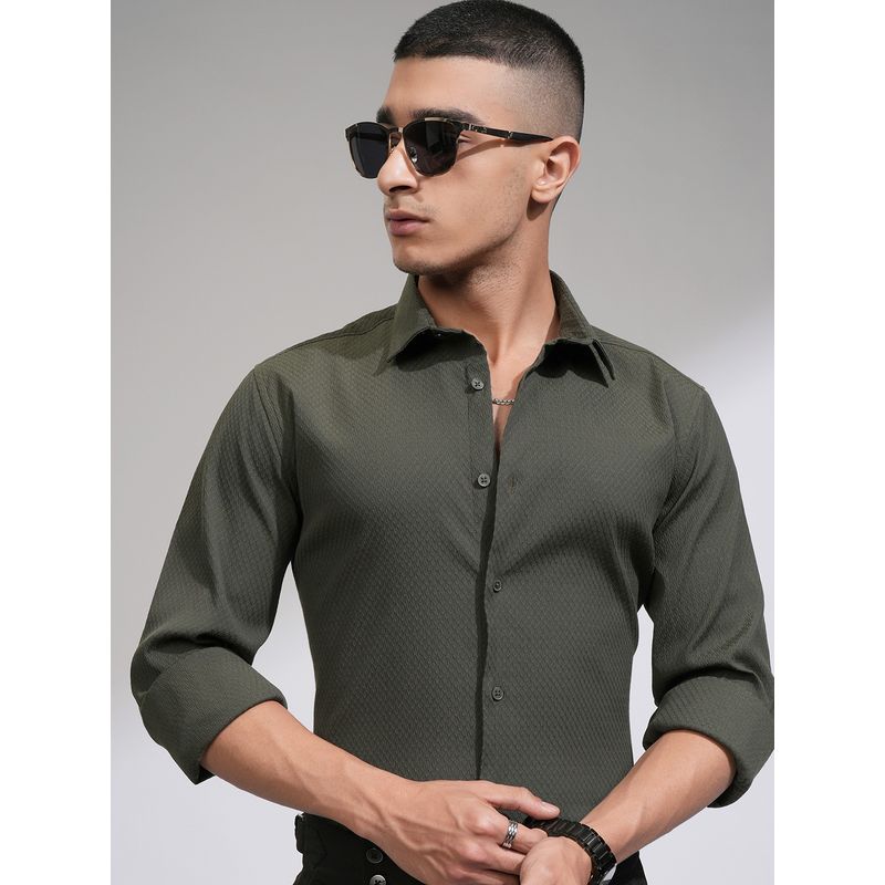 HIGHLANDER Men Slim Fit Opaque Casual Olive Shirt (S)