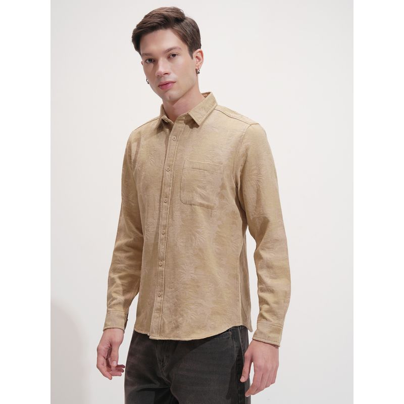 HIGHLANDER Men Printed Cutaway Collar Slim Fit Khaki Shirt (XL)
