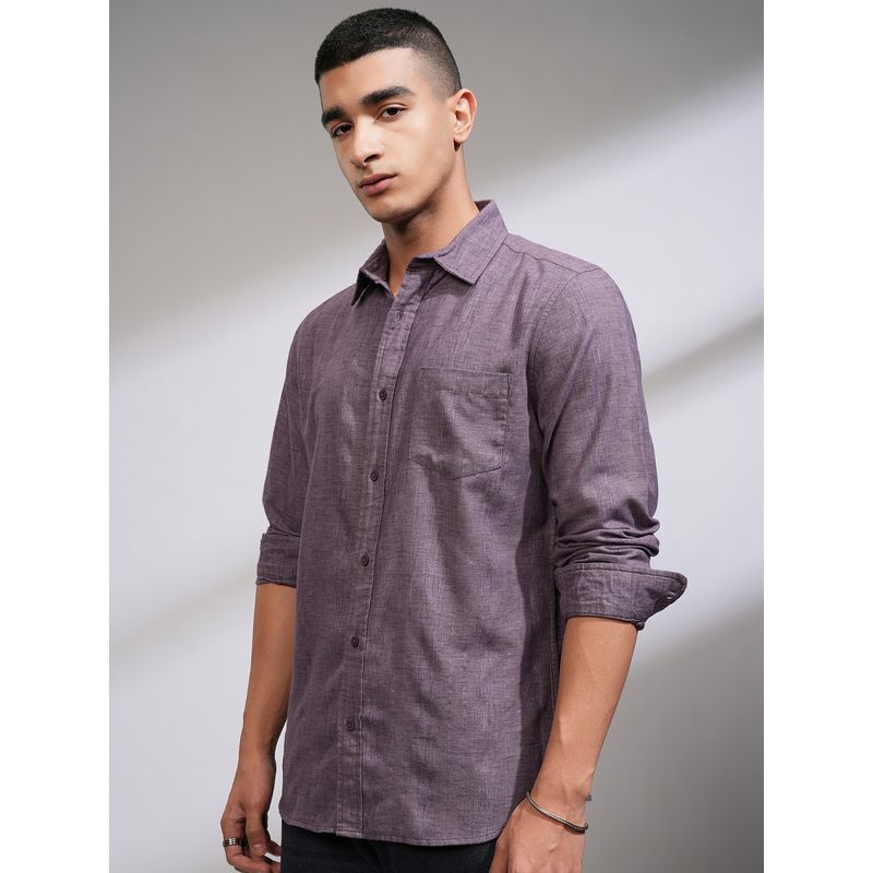HIGHLANDER Men Slim Fit Opaque Striped Casual Mauve Shirt (S)