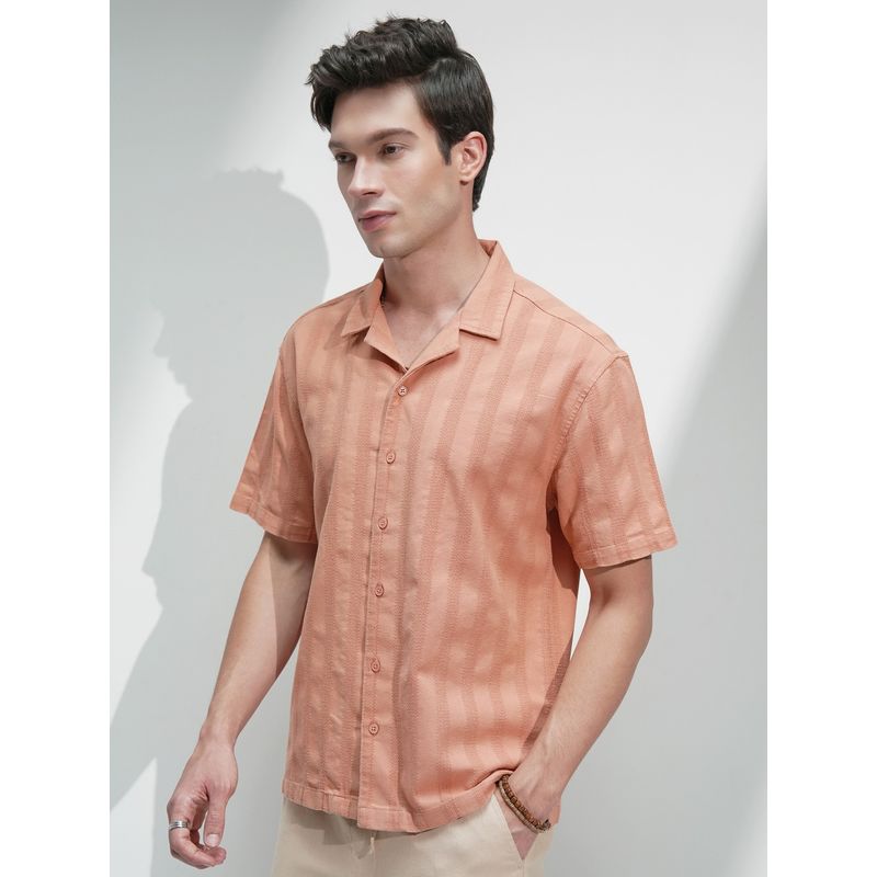 HIGHLANDER Men Relaxed Fit Cuban Collar Cotton Casual Coral Shirt (M)