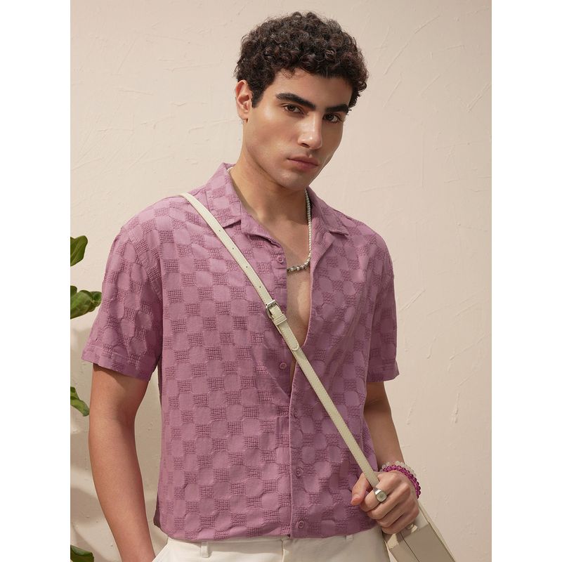 HIGHLANDER Men Textured Cuban Collar Relaxed Fit Dobby Cotton Mauve Shirt (L)