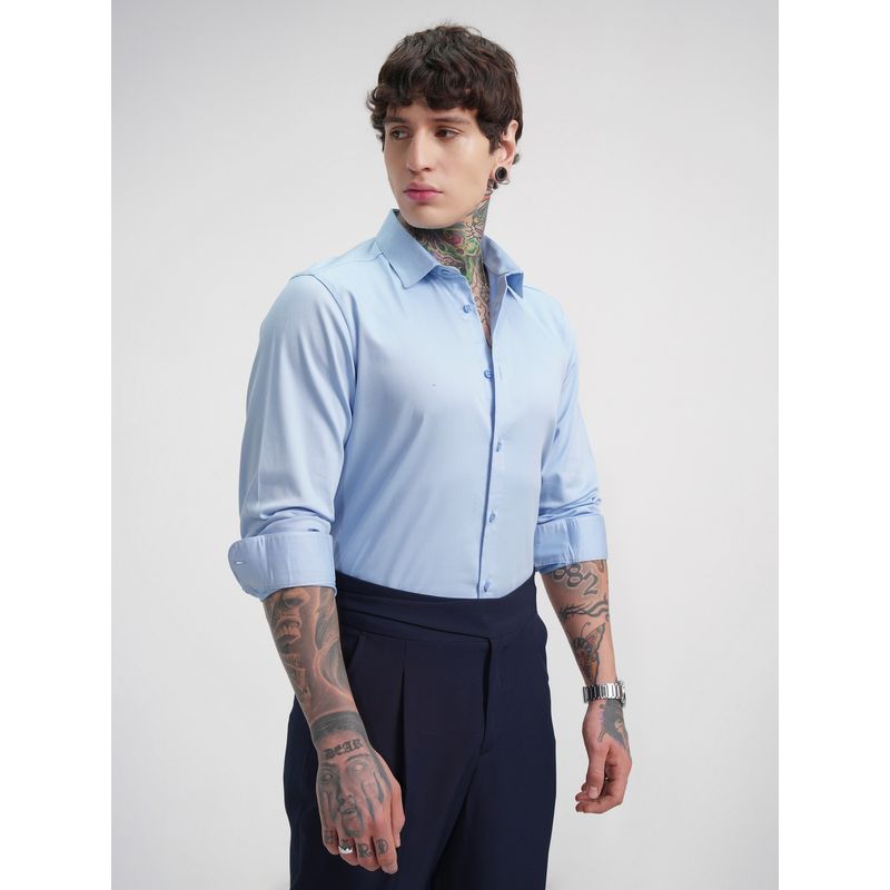 HIGHLANDER Men Slim Fit Solid Spread Collar Blue Formal Shirt (S)