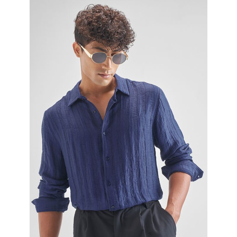 HIGHLANDER Men's Blue Textured Spread Collar Casual Shirt (S)