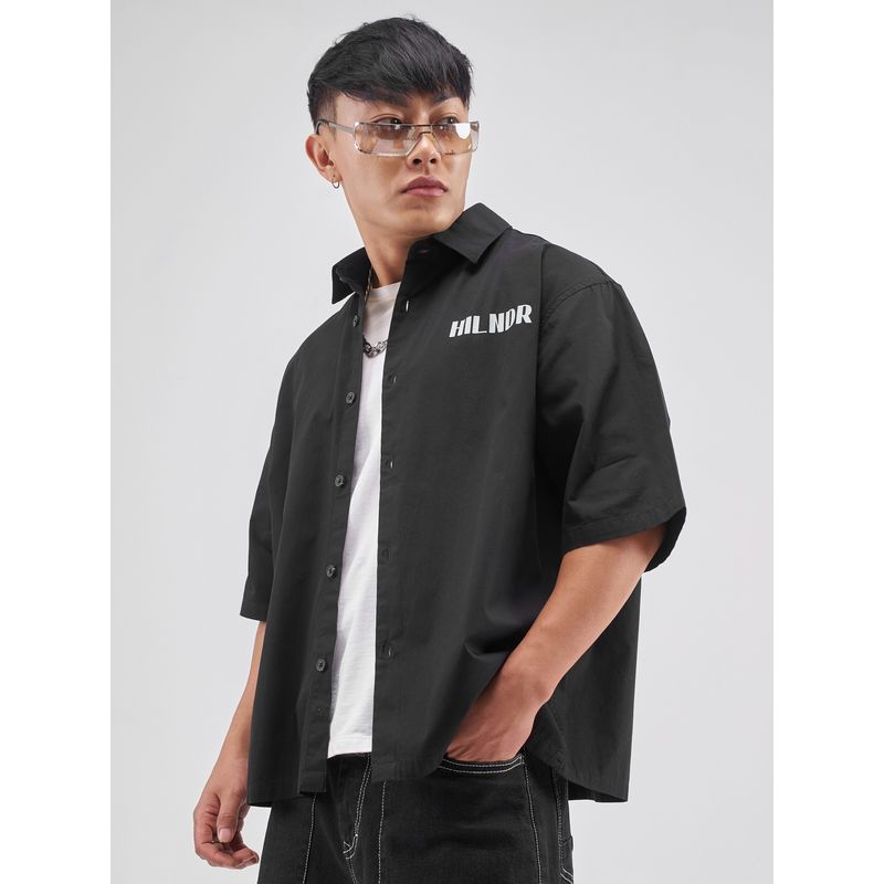 HIGHLANDER Men's Black Typography Printed Spread Collar Cotton Boxy Fit Shirt (L)