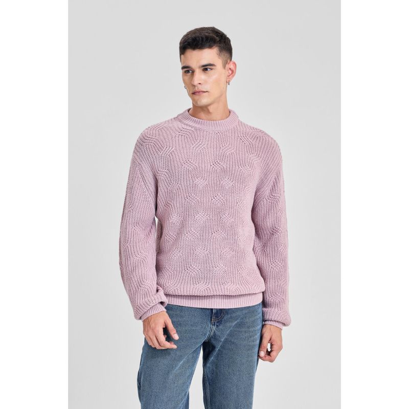 Snitch Pastel Pink Textured Full Sleeves Regular Casual Sweater For Men (L)