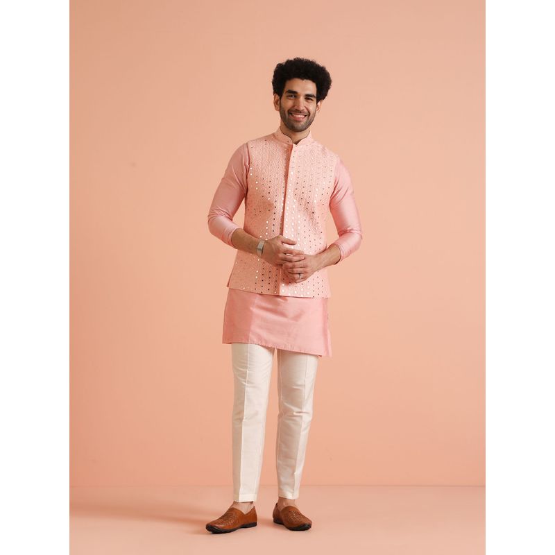 KISAH Men Pink Embroidered Mirror Work Kurta with Pant and Nehru Jacket (Set of 3) (38)