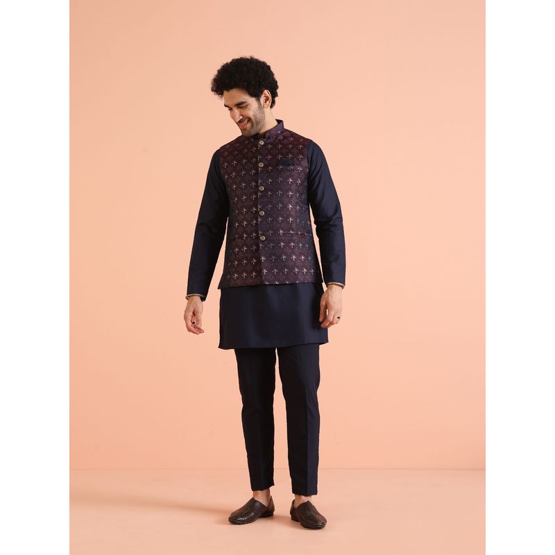 KISAH Men Navy Blue Woven Design Ethnic Motifs Kurta with Pant and Nehru Jacket (Set of 3) (38)