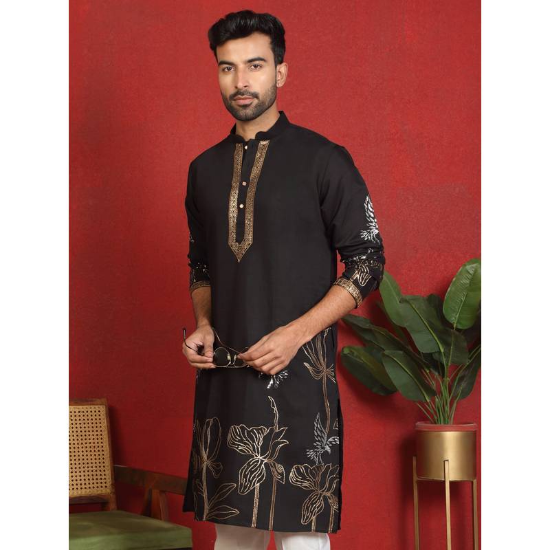 KRAFT INDIA LUXE Cotton Silk Zari Placement Embroidered Detail Daman Work Black Kurta (44)