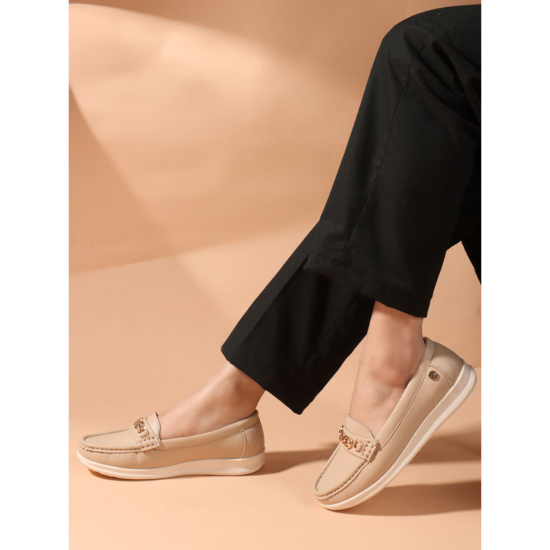 Carlton London Beige Solid Slip-On Women Horsebit Loafers (EURO 36)