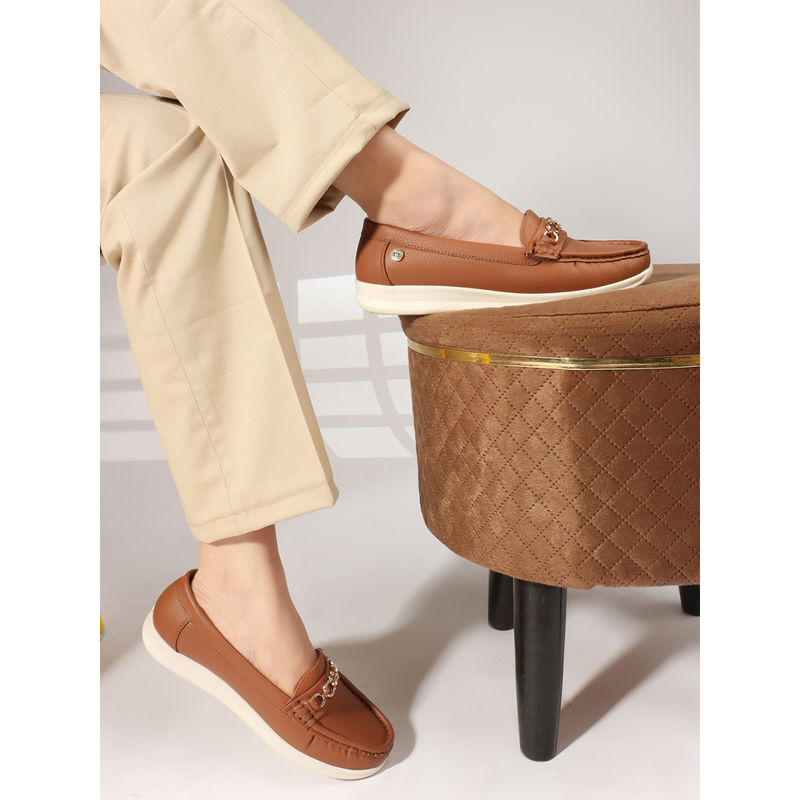 Carlton London Tan Solid Slip-On Women Horsebit Loafers (EURO 40)