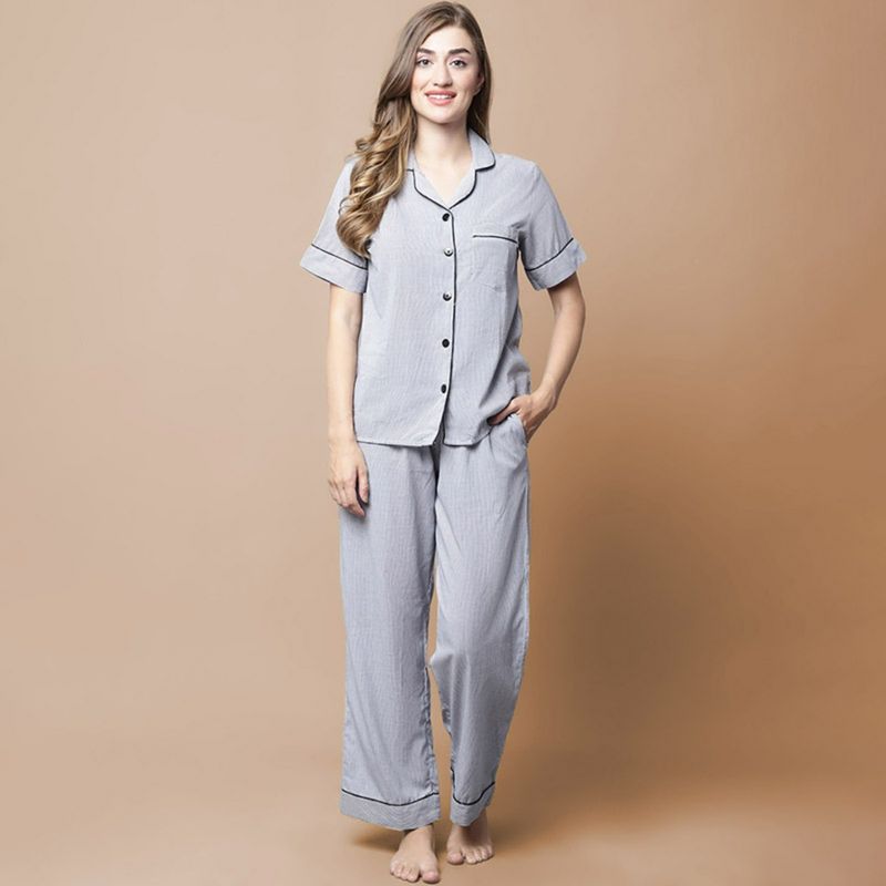 Secret Wish Black & White Striped Cotton Night Suit (Set of 2) (M)