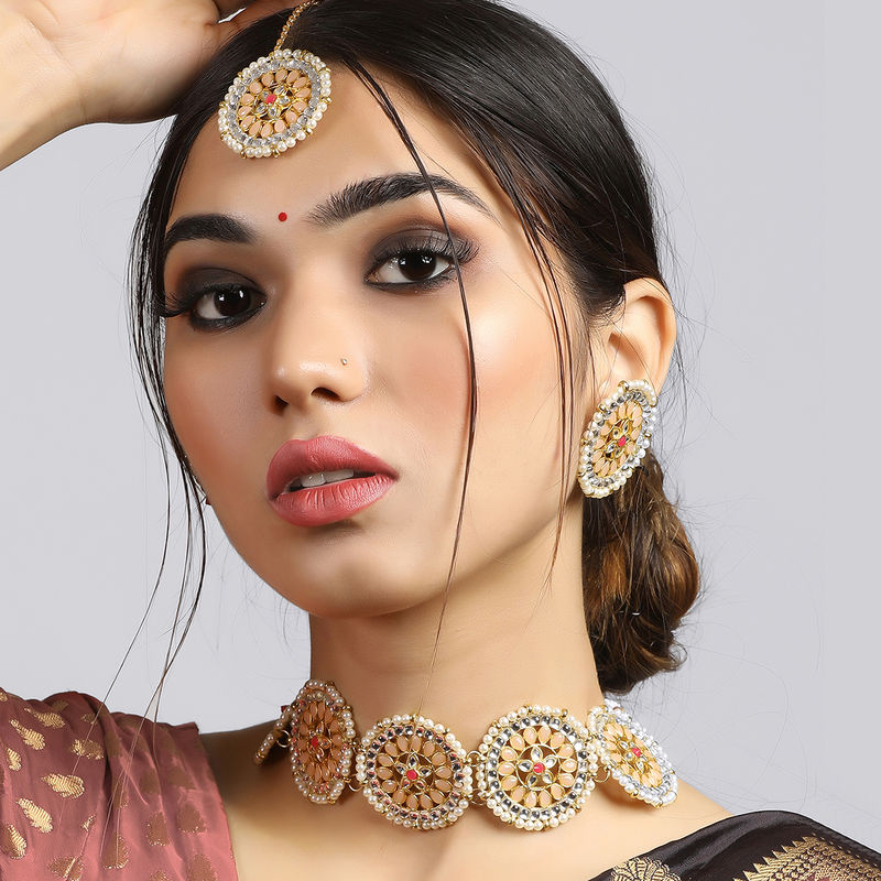 Yellow - Handmade Fabart Choker Necklace Set with Kundan & Beads 08
