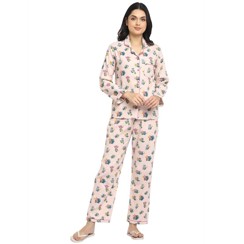 Shopbloom Sleepy Owl Print Cotton Flannel Long Sleeve Women'S Night Suit - Pink (XL)