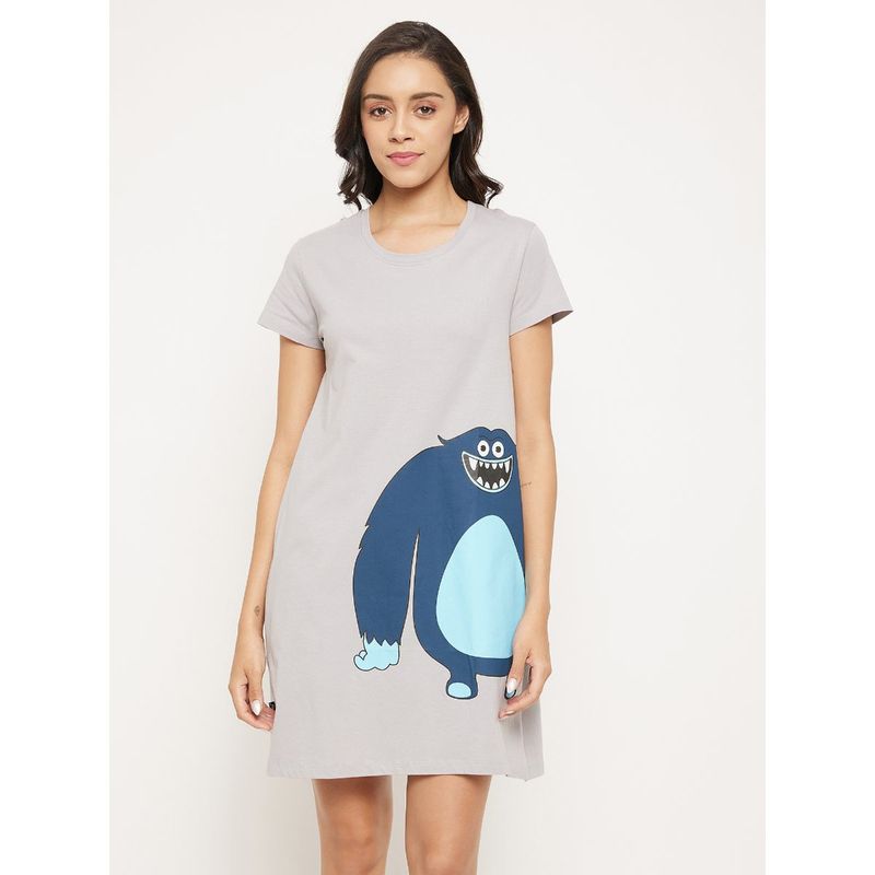 Clovia Cotton Emoji Print Short Nightdress With Pocket-Grey (M)