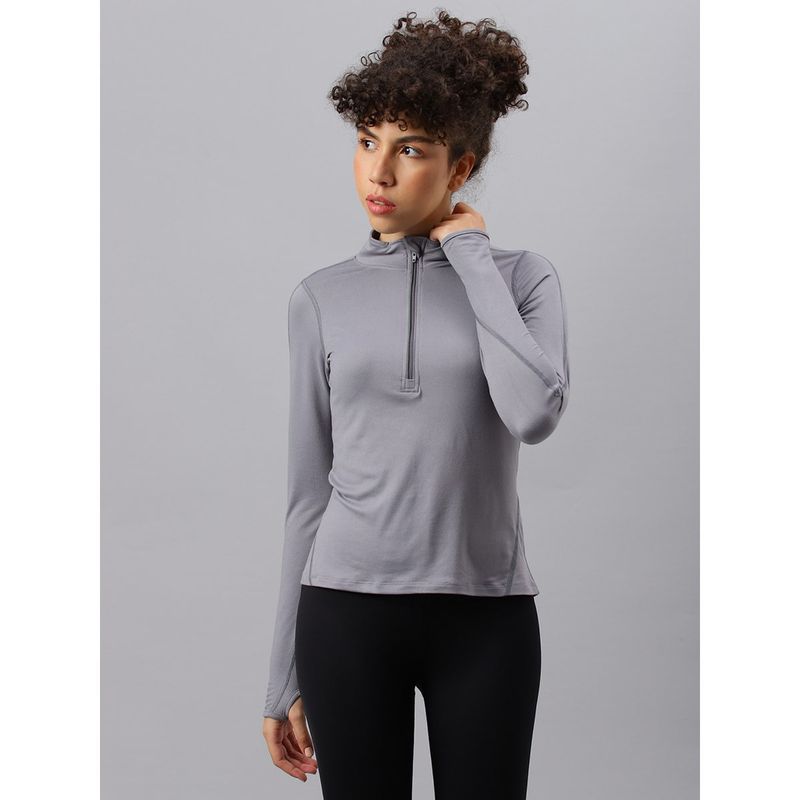 Fitkin Women Grey Zipper High Neck T-Shirt (XL)