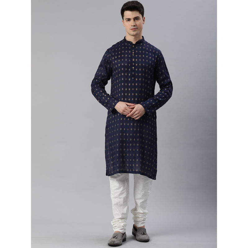 Manthan Navy Blue Art Silk Printed Kurtas for Men (2XL)