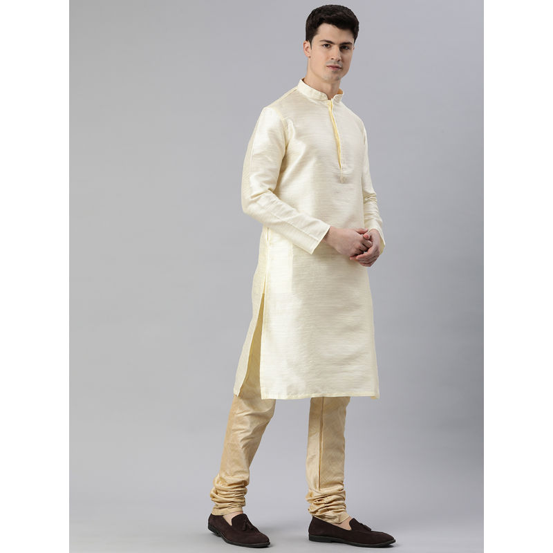 Manthan Cream Art Silk Solid Kurtas for Men (S)