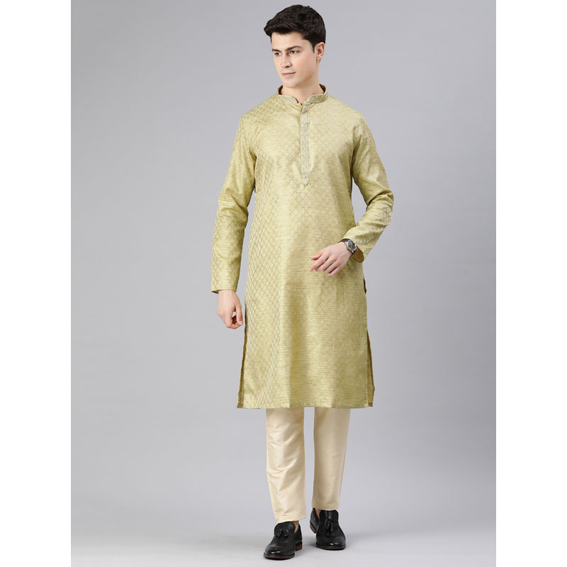 Manthan Green Art Silk Self Design Kurtas for Men (L)