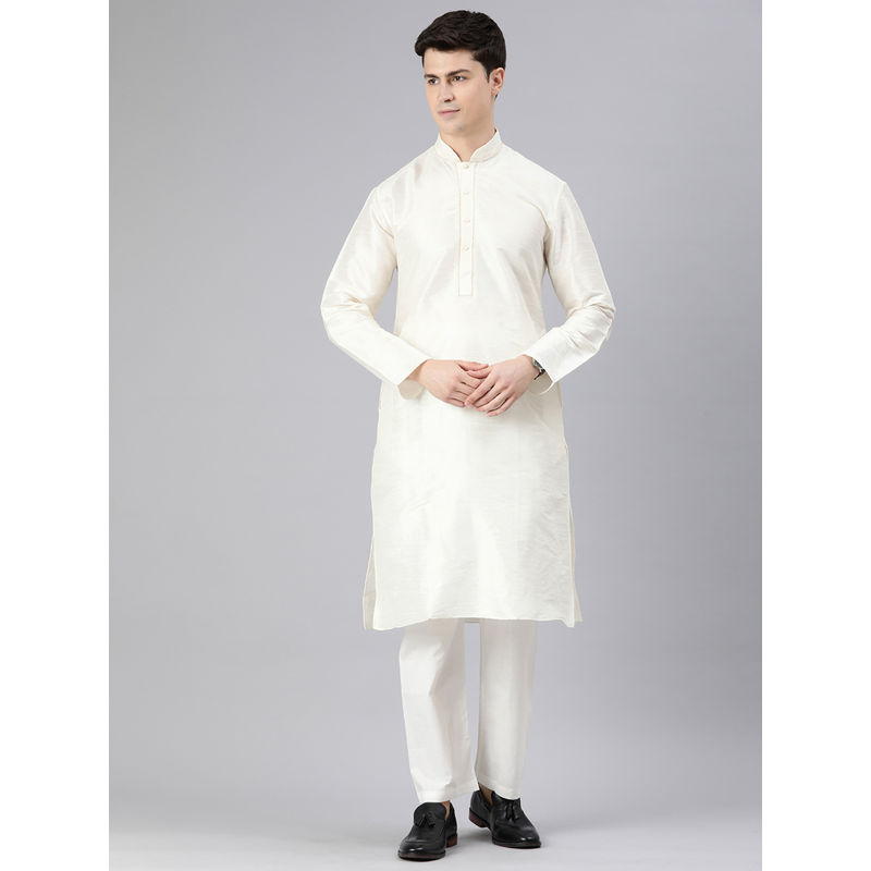Manthan Cream Art Silk Solid Kurtas for Men (S)