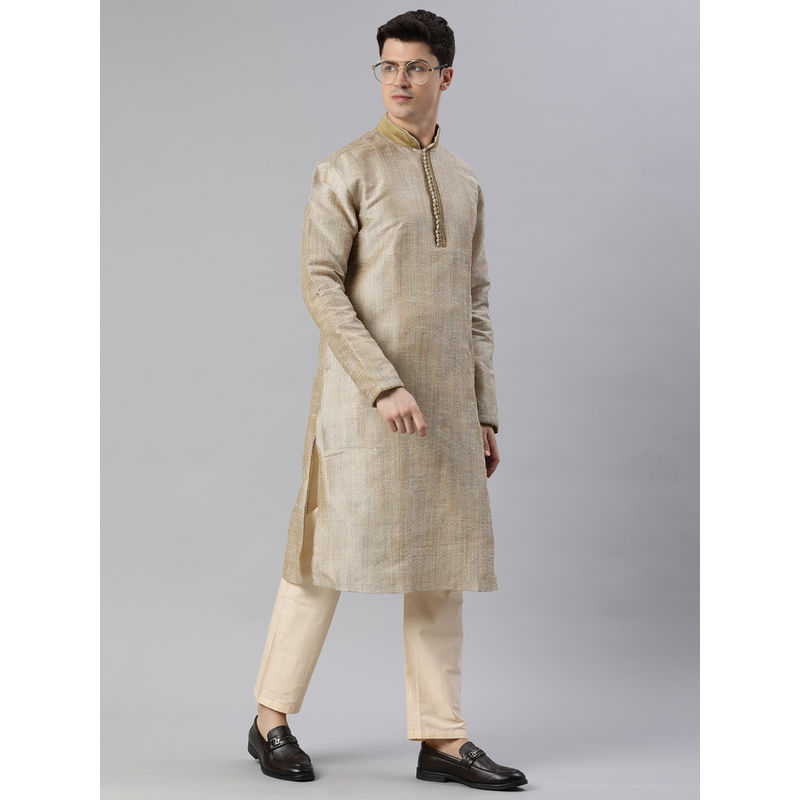 Manthan Beige Art Silk Self Design Kurtas for Men (S)