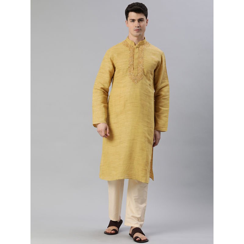 Manthan Yellow Cotton Solid Kurtas for Men (S)