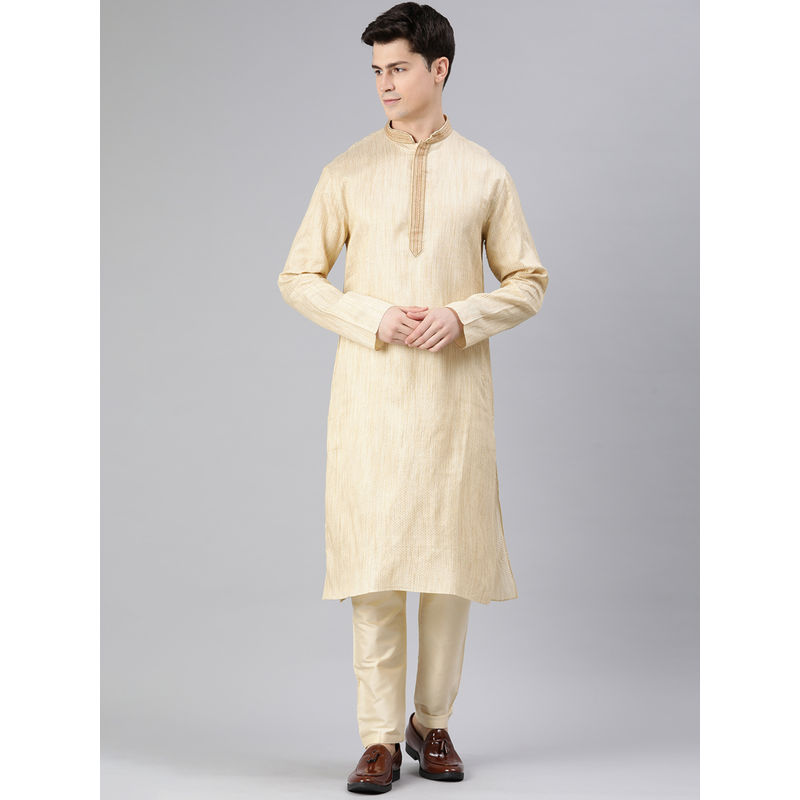 Manthan Beige Art Silk Self Design Kurtas for Men (S)