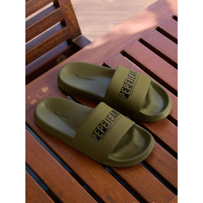 Pepe Jeans Green Logo Printed Anti-Skid Beach Sliders (EURO 41)