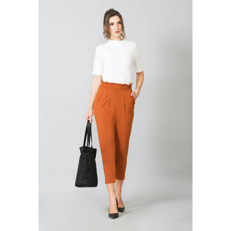 Van Heusen Women Athleisure Ruffled Waistband & Ultra Soft Ruffle Pants - Brown (L)