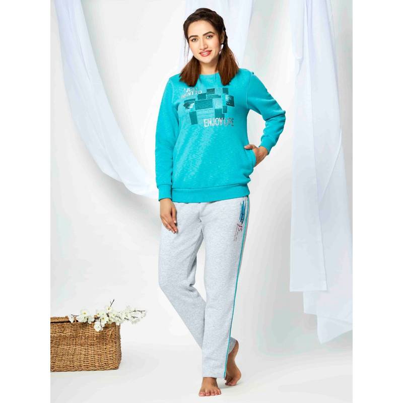 July Nightwear Winter Collection For Women Blue and Grey Fleece Track Suit with Round Neck (L)