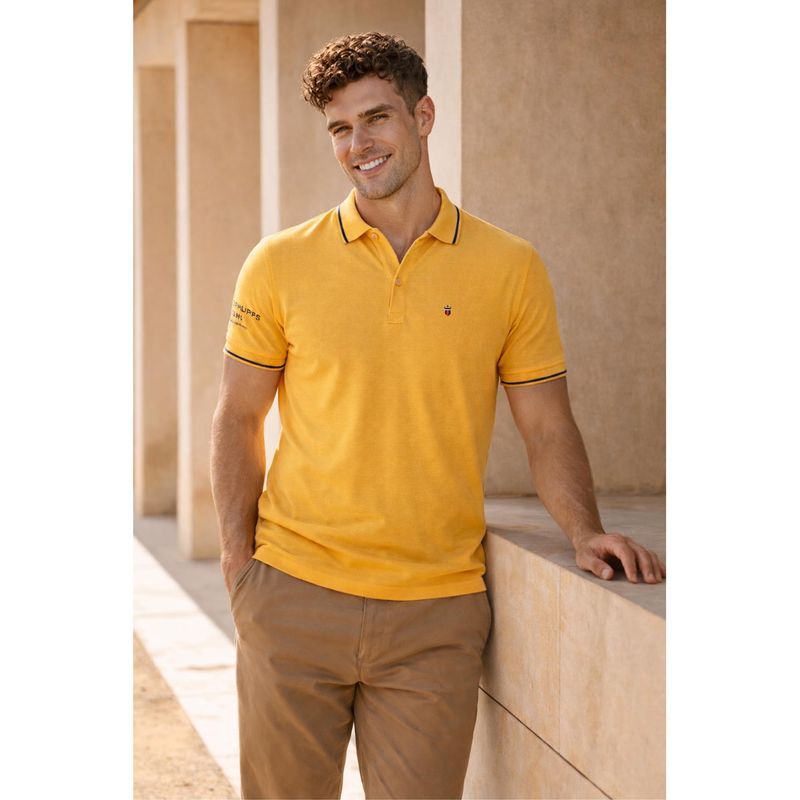 Louis Philippe Men's Yellow Polo T-Shirt with Collar Tipping and Branding on Sleeve (L)